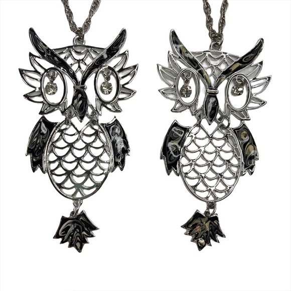 Vintage Pair of Articulated Owl Enamel Necklaces - Picture 2 of 5